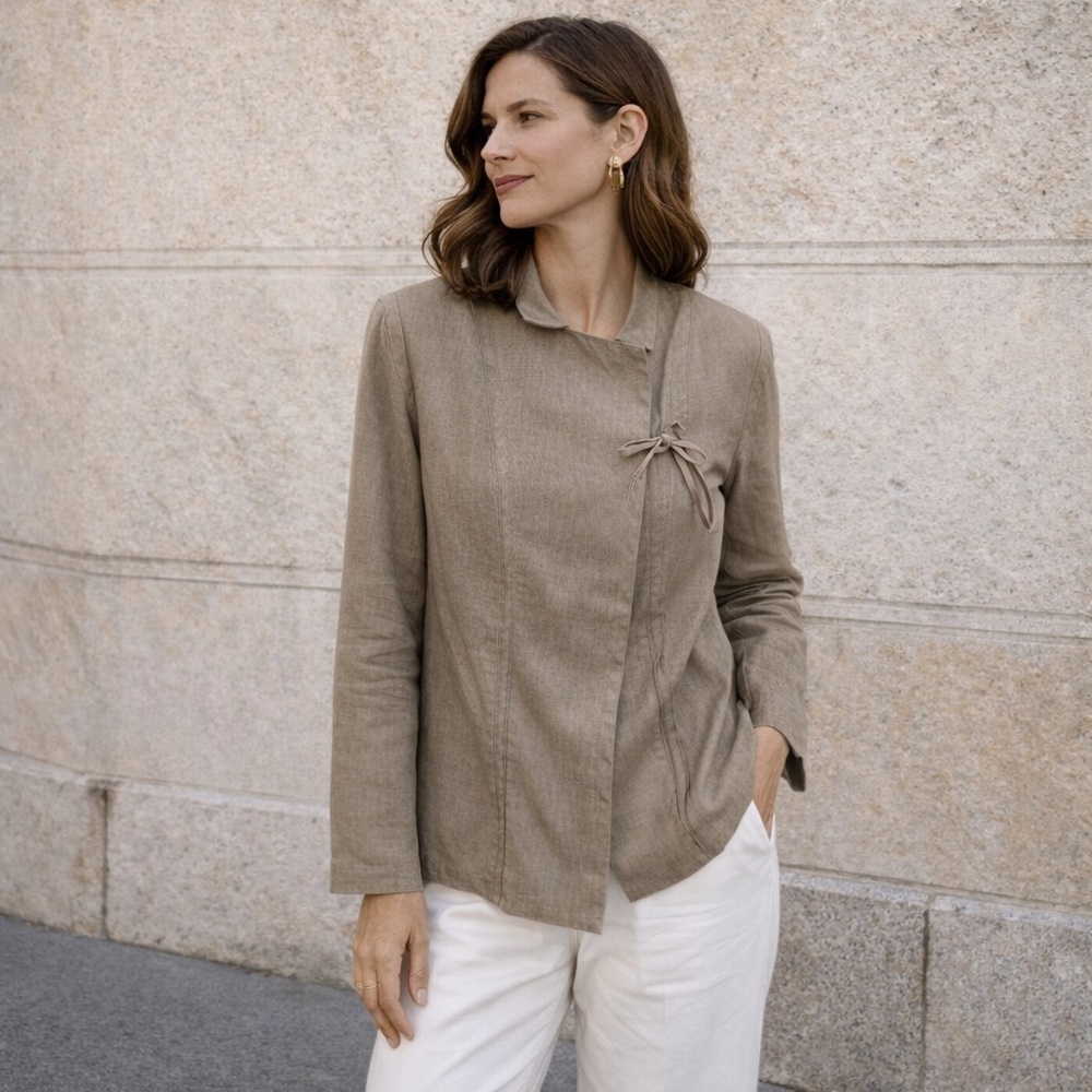 Sarah Pacini – Asymmetric Tie-Front Linen Blend Jacket – Taupe
